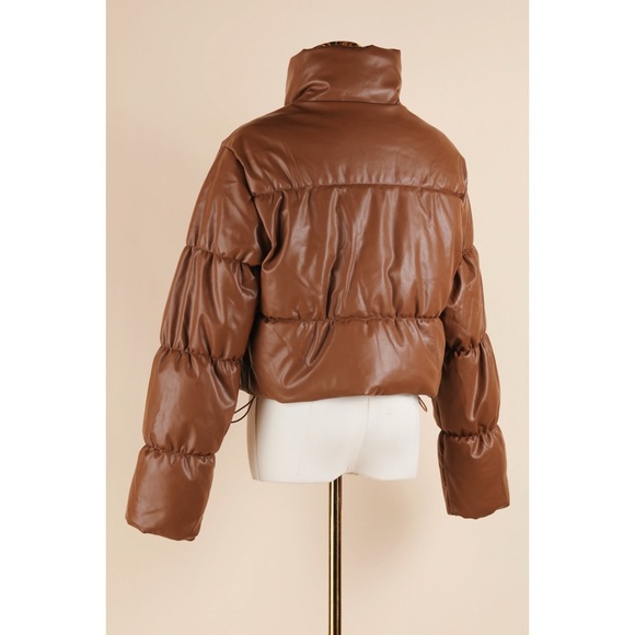 Sz M Ci Sono Camel Cropped Faux Leather Full Zip Puffer Jacket EUC - Picture 4 of 6